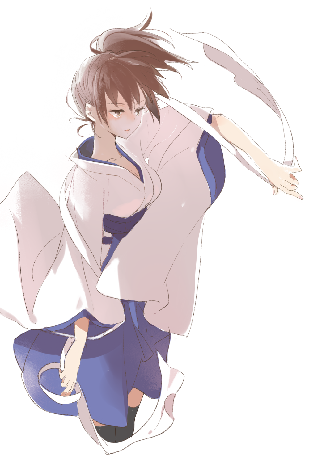 1girl, black_legwear, blue_sash, blue_skirt, brown_eyes, brown_hair, commentary_request, copyright_check