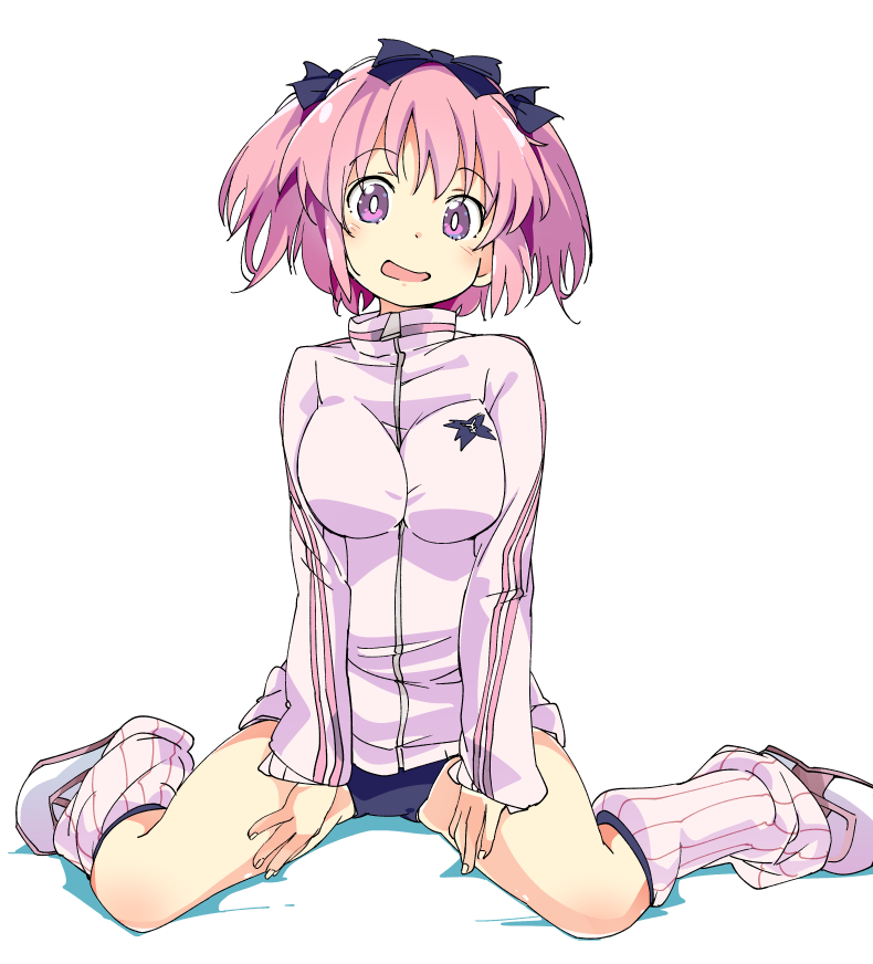 1girl, bow, breasts, buruma, hair_bow, hibari_(senran_kagura), ixy, jacket, large_breasts, leg_warmers, looking_at_viewer, open_mouth, pink_hair, senran_kagura, senran_kagura_shoujo-tachi_no_shin'ei, short_twintails, sitting, solo, track_jacket, twintails, violet_eyes, wariza