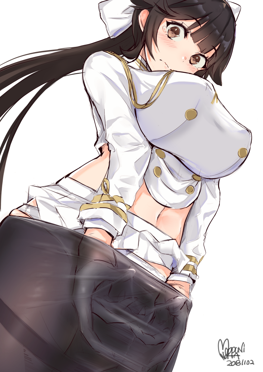 1girl, animal_ears, azur_lane, bangs, black_hair, black_legwear, blush, bow, breasts, brown_eyes, commentary, dated, eyebrows_visible_through_hair, gloves, hair_bow, half_gloves, hands_in_pantyhose, highres, jacket_lift, large_breasts, long_hair, looking_at_viewer, mappaninatta, military, military_uniform, navel, panties, pantyhose, pleated_skirt, ponytail, ribbon, signature, simple_background, skindentation, skirt, skirt_lift, solo, stomach, takao_(azur_lane), tearing_up, thighband_pantyhose, underwear, uniform, very_long_hair, white_background, white_bow, white_gloves, white_panties