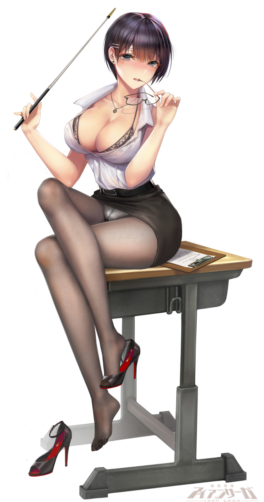 1girl, absurdres, black-framed_eyewear, black_bra, black_legwear, blush, bra, breasts