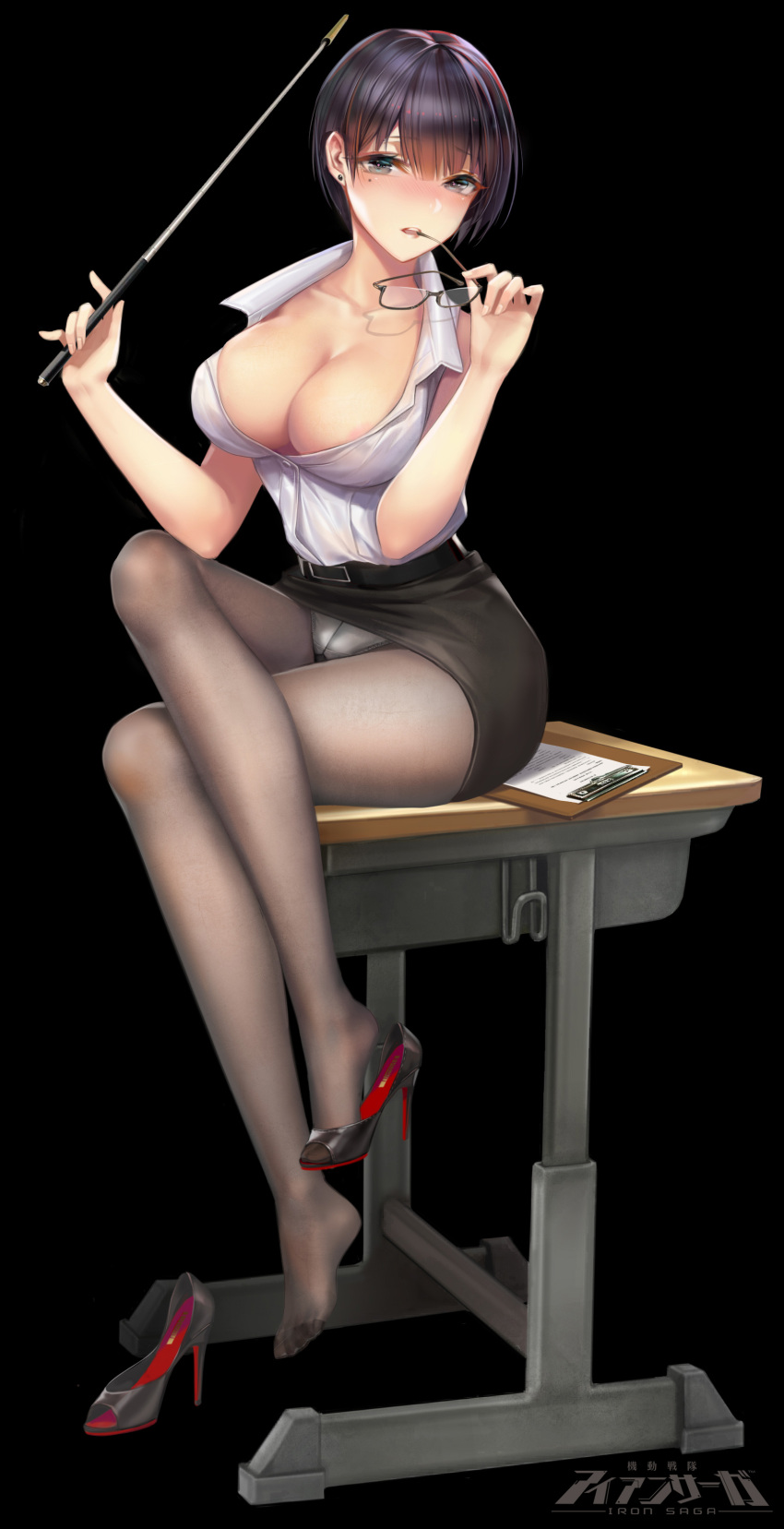 1girl, absurdres, black-framed_eyewear, black_background, black_bra, black_legwear, blush, bra