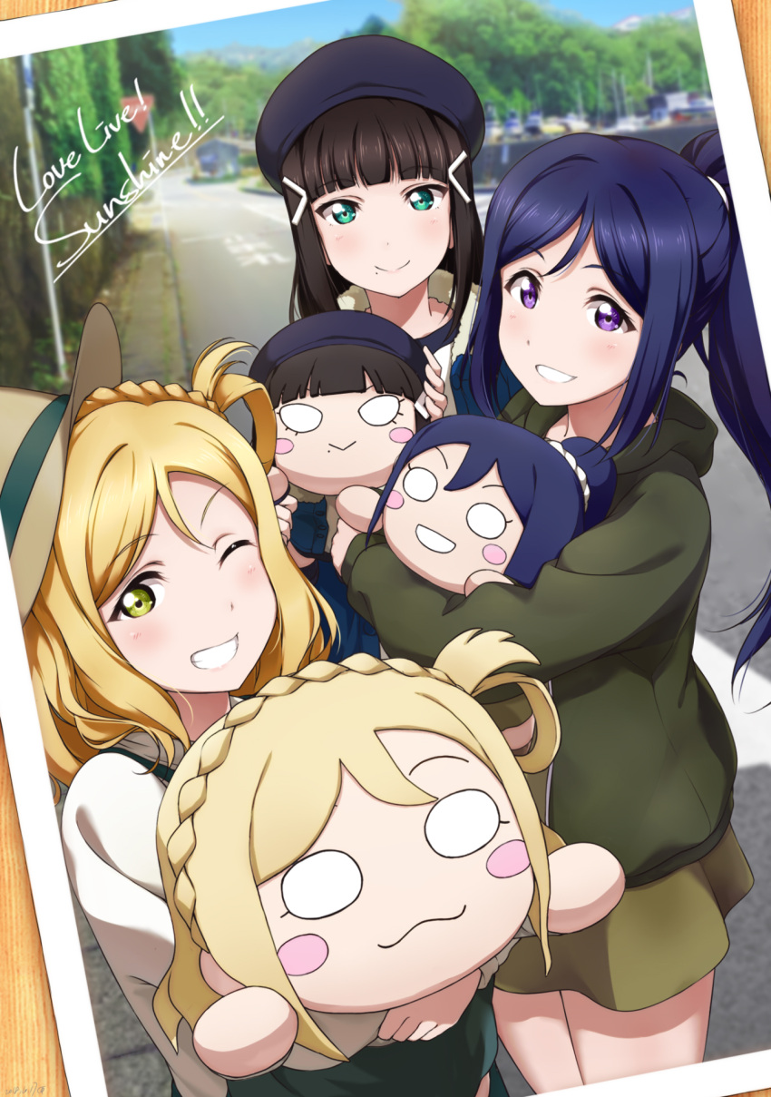3girls, :3, bangs, beret, black_hair, blonde_hair, blue_hair, blue_hat