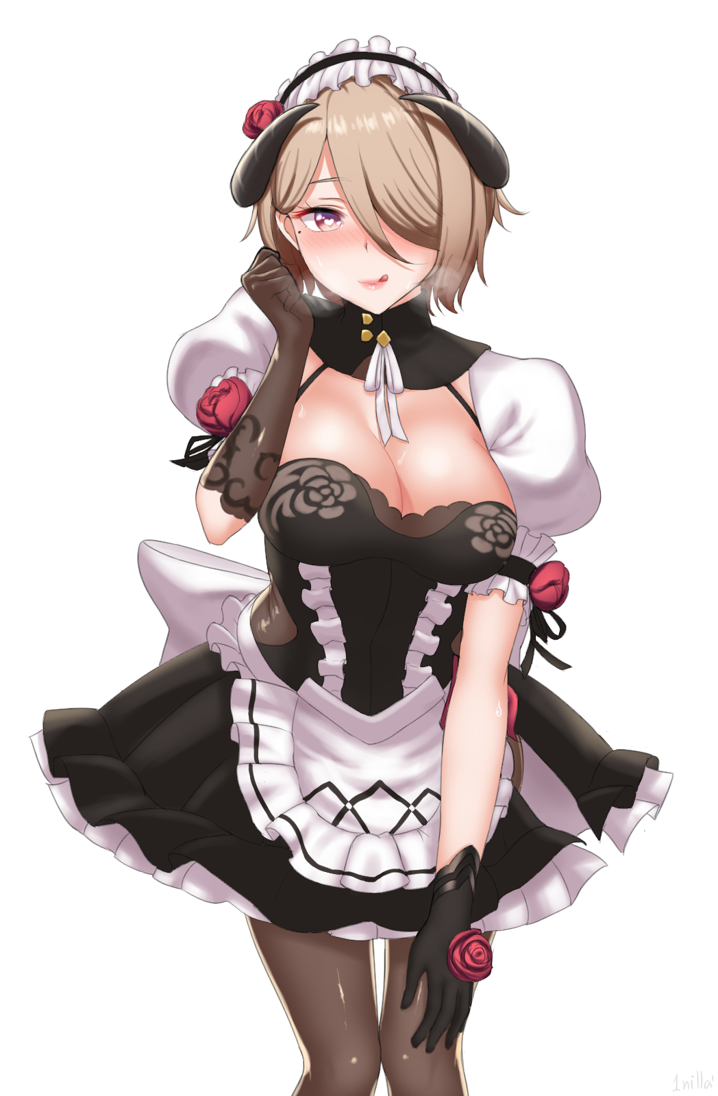 1girl, 1nilla', apron, benghuai_xueyuan, black_dress, black_gloves, black_legwear, blush