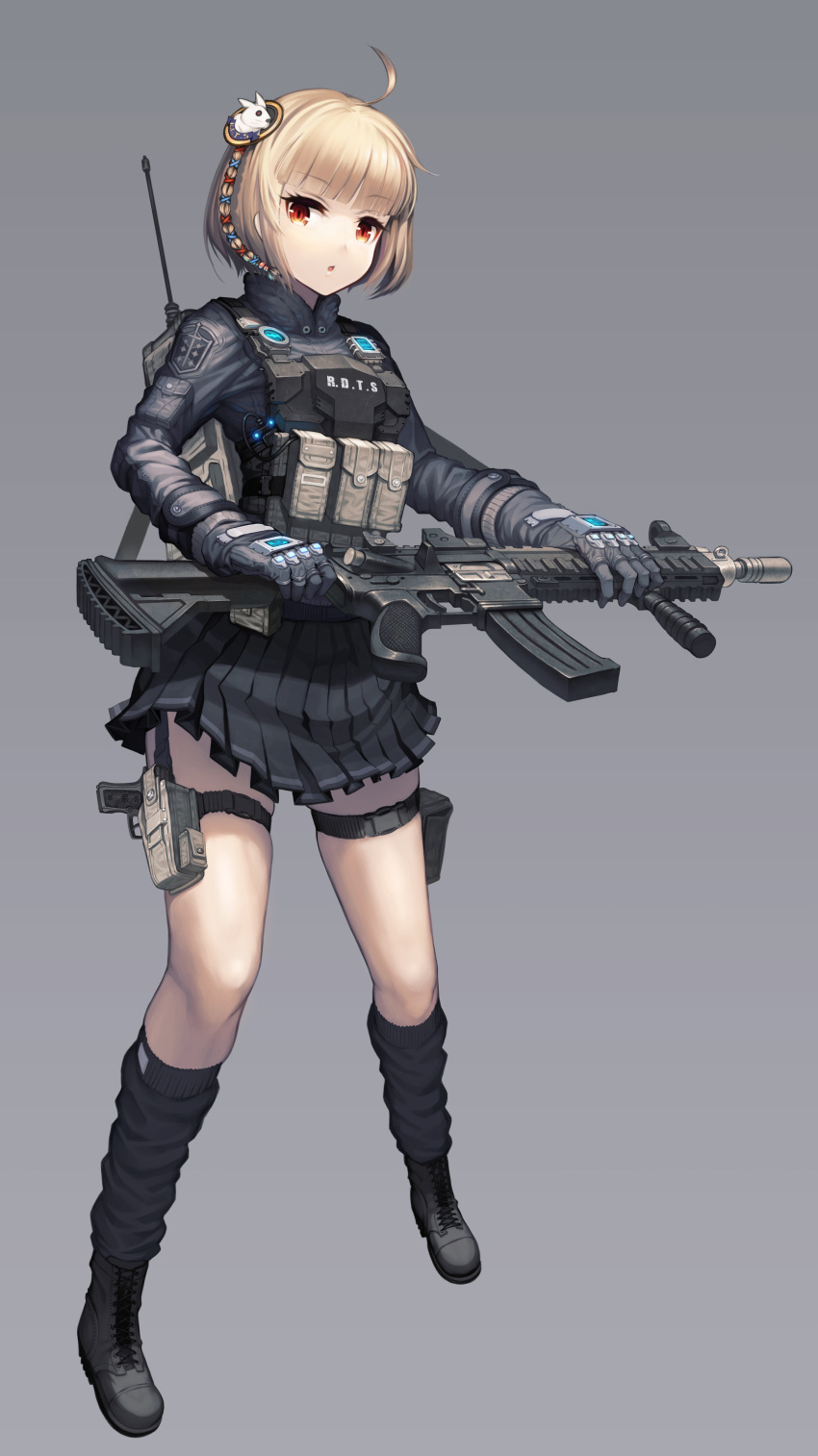 1girl, :o, absurdres, assault_rifle, bangs, blonde_hair, eyebrows_visible_through_hair, full_body