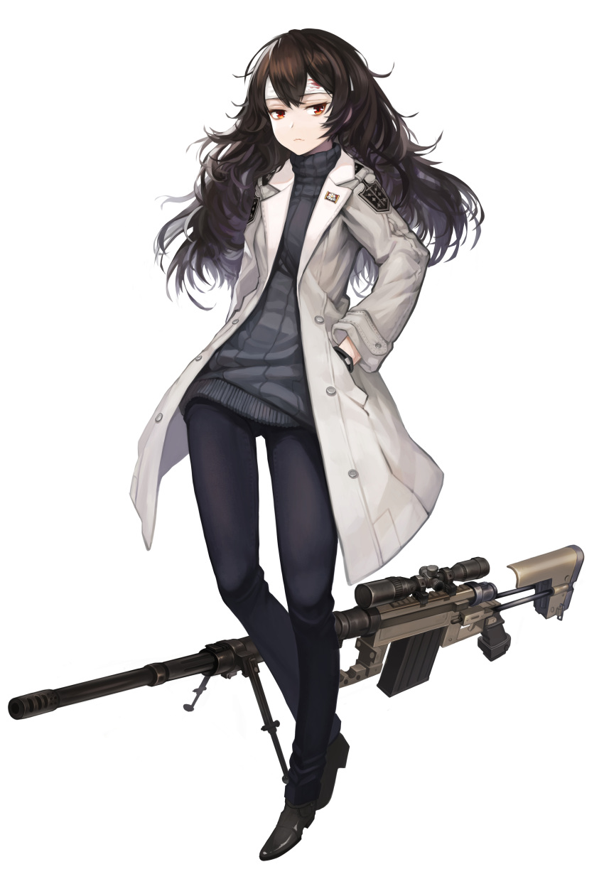 1girl, absurdres, bandage, black_hair, bolt_action, cheytac_m200, closed_mouth, full_body