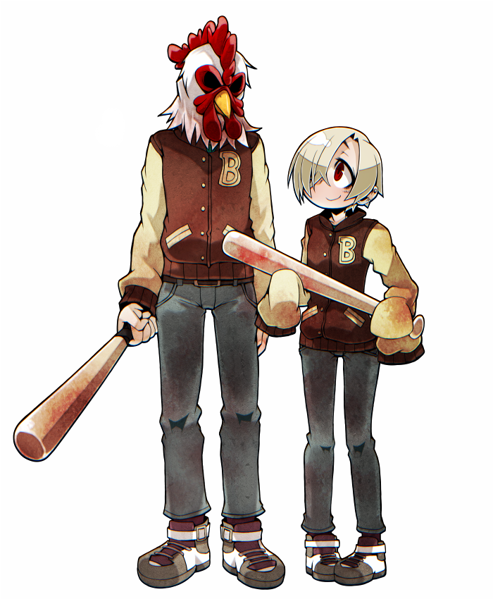 1boy, 1girl, ayame_(0419), baseball_bat, blonde_hair, blood, bloody_weapon, boots