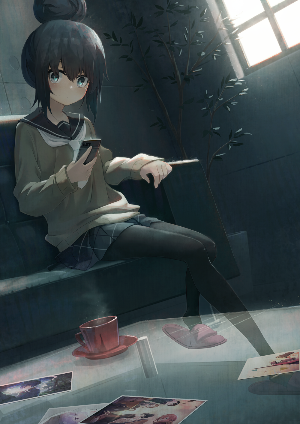 1girl, anzi, bangs, black_hair, black_legwear, black_sailor_collar, blue_skirt, brown_sweater