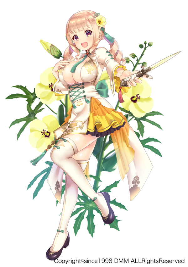 1girl, :d, back_bow, bangs, black_footwear, blonde_hair, blunt_bangs, bow, breasts, cleavage, company_name, corset, dagger, drill_hair, flower, flower_knight_girl, full_body, green_bow, hair_flower, hair_ornament, hanaokura_(flower_knight_girl), holding, holding_dagger, holding_weapon, large_breasts, left-handed, long_hair, looking_at_viewer, object_namesake, official_art, open_mouth, pico_(p_i_c_o), pink_eyes, shoes, simple_background, skirt, smile, solo, standing, standing_on_one_leg, tassel, thigh-highs, twin_drills, weapon, white_background, white_legwear, yellow_skirt, zettai_ryouiki