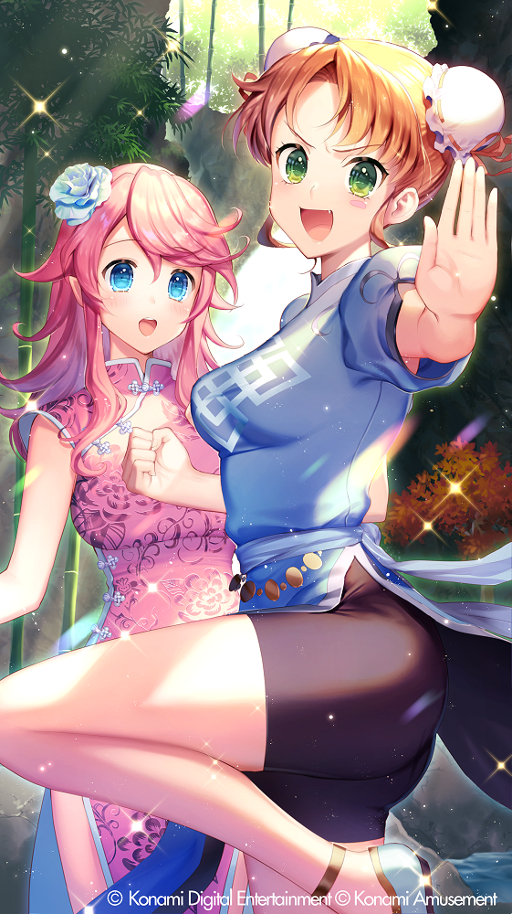2girls, :d, bamboo, bike_shorts, black_shorts, blue_dress, blue_eyes, blue_footwear
