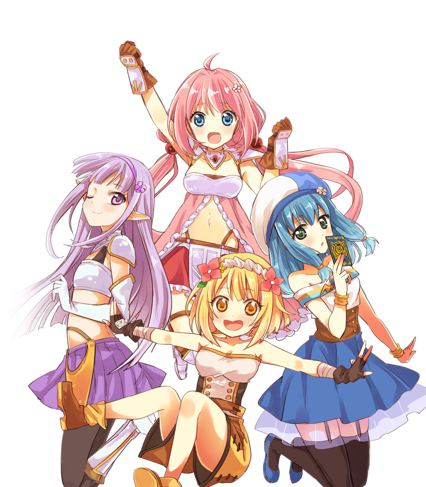 4girls, :d, :o, ahoge, airborne, bare_shoulders, black_gloves, black_legwear, black_tubetop, blonde_hair, blue_eyes, blue_footwear, blue_hair, blue_hat, blue_skirt, blush, body_blush, boots, bracelet, breasts, brown_bracelet, brown_footwear, brown_gloves, card, cleavage, clenched_hands, collarbone, dress, elbow_gloves, elf, endro!, eyebrows_visible_through_hair, eyes_visible_through_hair, fingerless_gloves, flat_chest, flower, foot_up, frilled_dress, frilled_skirt, frills, garter_straps, gloves, green_eyes, grey_tubetop, hair_between_eyes, hair_bobbles, hair_flower, hair_ornament, hairband, hand_up, hat, highres, holding, holding_card, izumi_minami, jewelry, lavender_eyes, lavender_hair, layered_skirt, legs_up, long_hair, looking_at_viewer, low_twintails, medium_breasts, midriff, miniskirt, multiple_girls, navel, official_art, one_eye_closed, open_mouth, outstretched_arms, pink_dress, pink_flower, pink_hair, pleated_skirt, pointy_ears, purple_flower, purple_hairband, purple_skirt, red_flower, red_skirt, see-through, shiny, shiny_hair, short_hair, shorts, shoulder_pads, sitting, skirt, smile, spiked_gloves, spread_arms, strapless, thigh-highs, tongue, transparent_background, tubetop, twintails, white_footwear, white_frills, white_gloves, white_hairband, white_hat, white_tubetop, yellow_eyes, yellow_flower, yellow_shorts, zettai_ryouiki