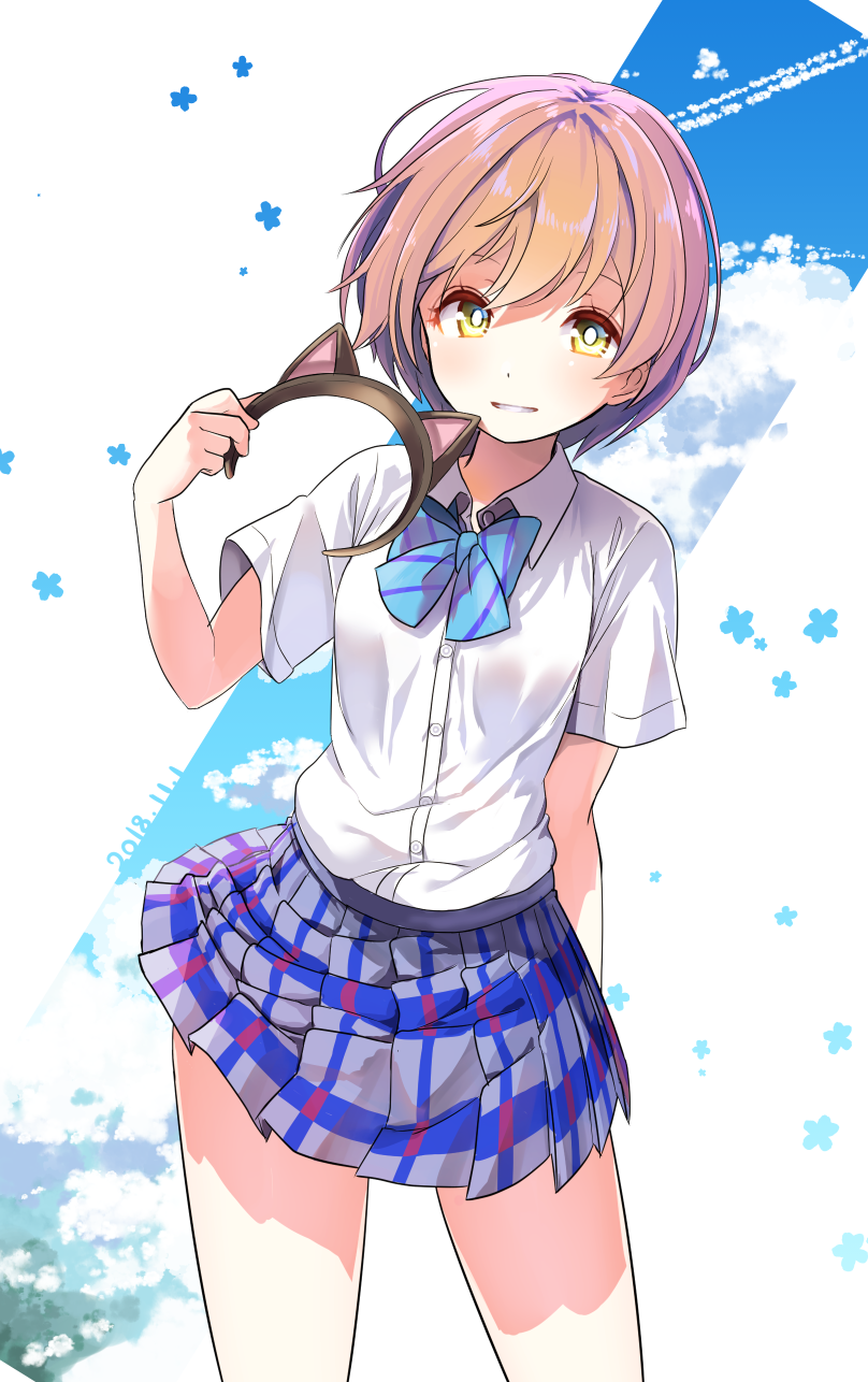 1girl, animal_ears, bangs, blue_neckwear, blue_skirt, blue_sky, bow, bowtie