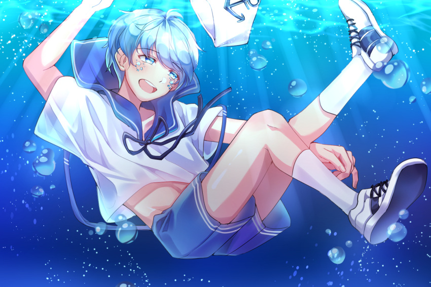 :d, air_bubble, androgynous, blue_eyes, blue_shorts, blush, bubble, full_body