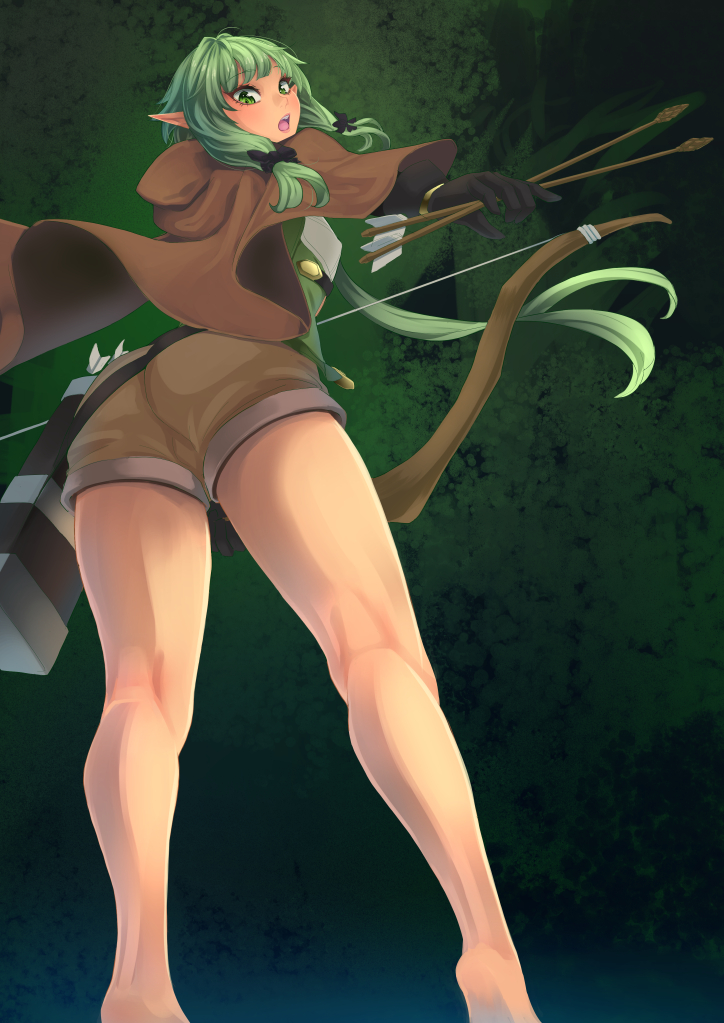 1girl, arrow, ass, atatatamu, bare_legs, black_bow, black_gloves, bow, bow_(weapon), brown_shorts, cloak, crossbow, feet, from_below, gloves, goblin_slayer!, green_eyes, green_hair, high_elf_archer_(goblin_slayer!), kneepits, legs, looking_back, open_mouth, shorts, sidelocks, solo, standing, weapon