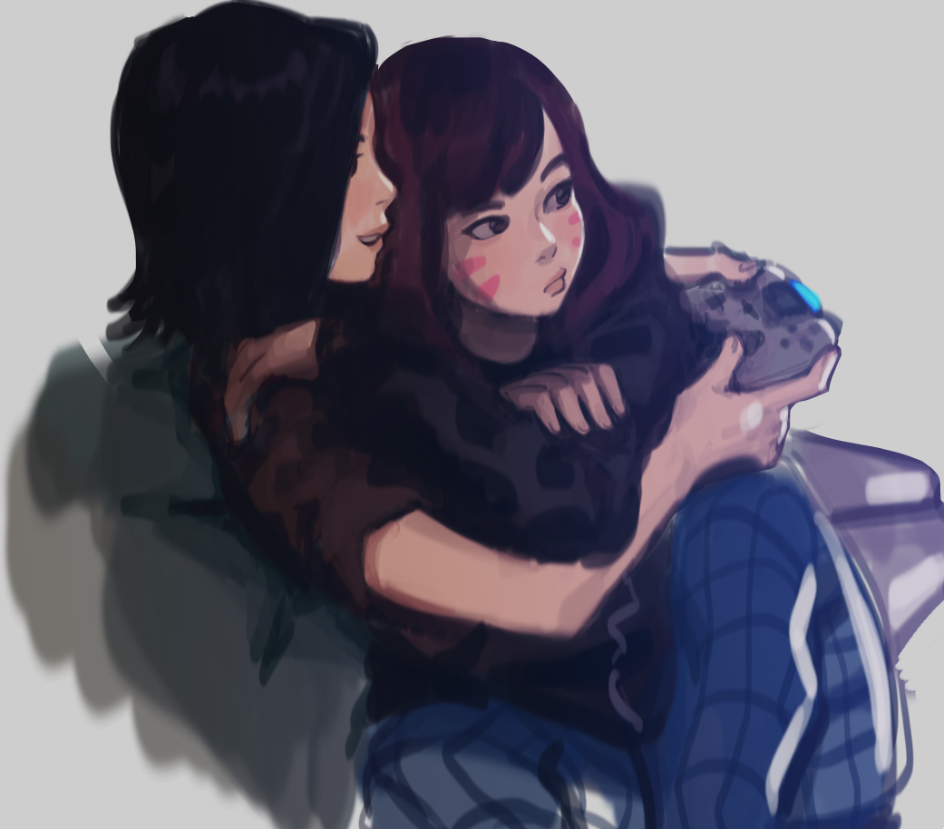 2girls, black_hair, brown_hair, controller, couch, d.mon_(overwatch), d.va_(overwatch), facepaint