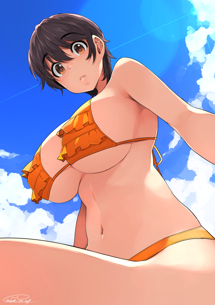 1girl, bangs, bare_shoulders, bikini, blue_sky, breasts, brown_eyes, brown_hair