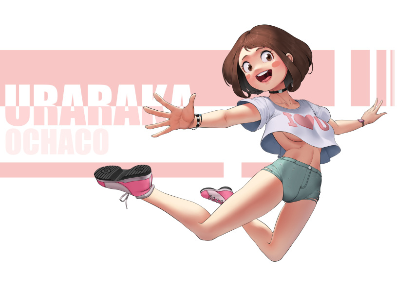 1girl, :d, absurdres, blush_stickers, boku_no_hero_academia, breasts, brown_eyes, brown_hair