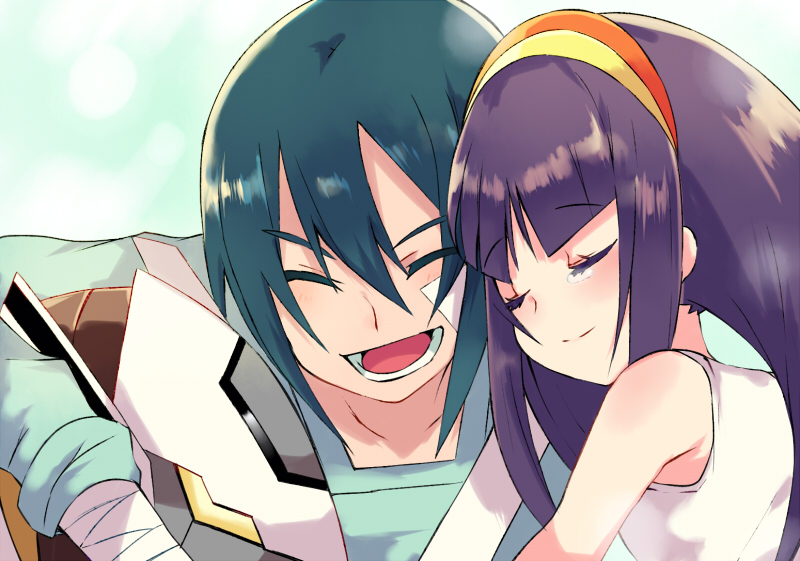 1boy, 1girl, acid_(rockman), akatsuki_shidou, bandaid, bandaid_on_face, bangs, blue_hair