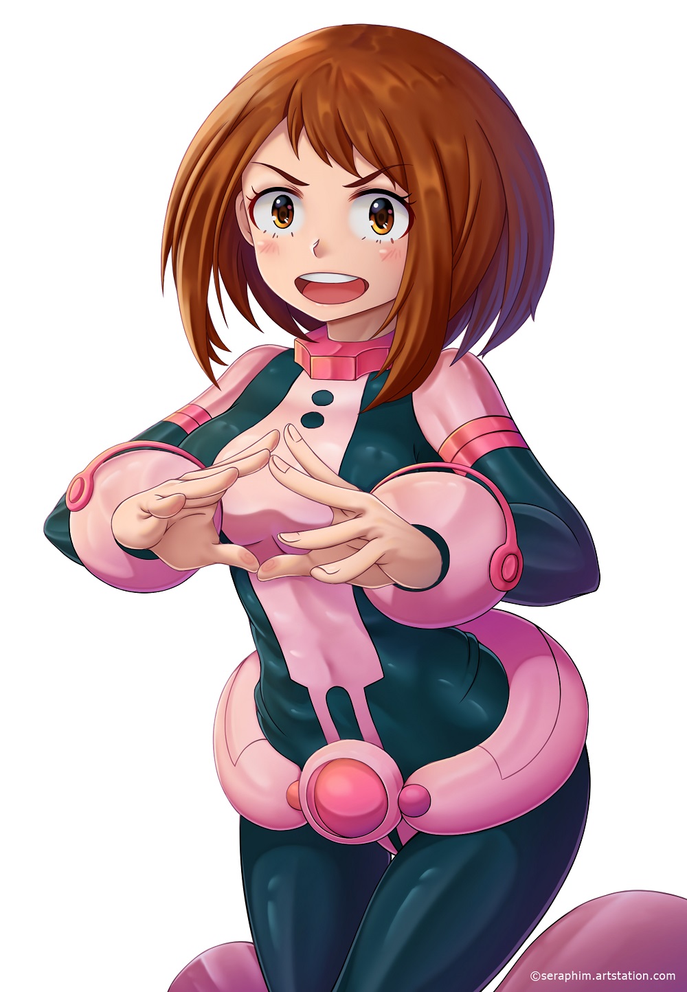 1girl, :o, artstation_username, blush, bodysuit, boku_no_hero_academia, breasts, brown_eyes