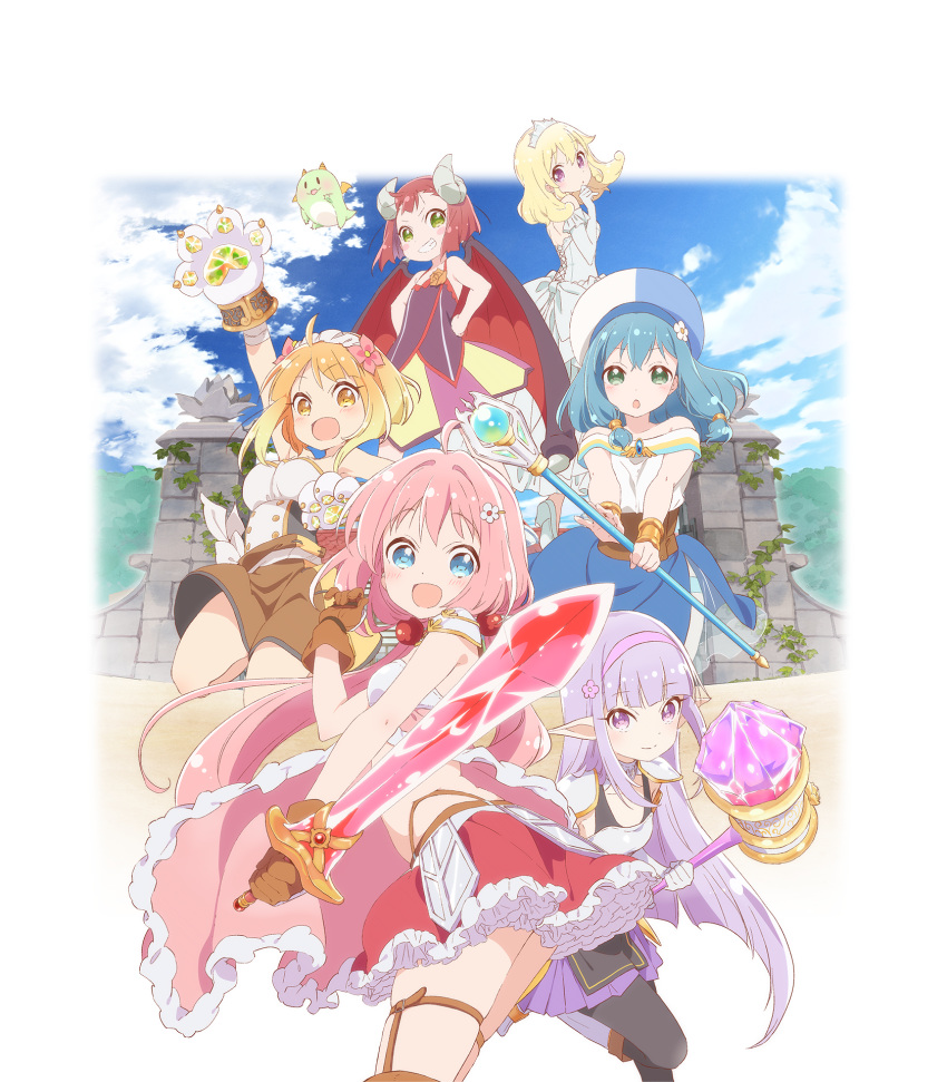 6+girls, :d, :o, ahoge, airborne, armor, armpits, bandage, bandaged_arm, bandages, bare_shoulders, bat_wings, black_eyes, black_legwear, blonde_hair, blue_brooch, blue_hair, blue_hat, blue_panties, blue_skirt, blue_sky, blush, body_blush, boots, bracelet, breastplate, breasts, brooch, brown_bracelet, brown_gloves, brown_shorts, clouds, cloudy_sky, collarbone, creature, cross-laced_clothes, crown, demon_girl, demon_horns, dress, elbow_gloves, elf, endro!, eyebrows_visible_through_hair, flat_chest, flower, frilled_dress, frilled_skirt, frills, from_side, gate, gem, gloves, gradient_hair, green_eyes, grey_dress, grey_flower, grey_footwear, grin, hair_between_eyes, hair_bobbles, hair_flower, hair_ornament, hairband, hammer, hands_on_hips, hat, high_heels, highres, holding, holding_hammer, holding_staff, holding_sword, holding_weapon, horns, iizuka_haruko, jewelry, key_visual, lavender_hair, layered_skirt, legs_up, light_blue_eyes, long_hair, looking_at_viewer, low_twintails, medium_breasts, miniskirt, multicolored, multicolored_clothes, multicolored_hair, multicolored_shirt, multicolored_shorts, multicolored_skirt, multiple_girls, official_art, open_mouth, orange_eyes, orange_flower, orange_hair, outdoors, panties, panty_peek, pantyhose, paw_gloves, paws, pink_dress, pink_flower, pink_hair, pleated_skirt, pointy_ears, print_shirt, purple_flower, purple_hairband, purple_shirt, purple_skirt, red_shirt, red_skirt, redhead, sand, sash, see-through, shiny, shiny_hair, shirt, short_hair, shorts, shoulder_blades, shoulder_pads, skirt, sky, small_breasts, smile, spaghetti_strap, staff, strapless, strapless_dress, strapless_shirt, sword, tail, tongue, tree, twintails, underwear, violet_eyes, weapon, white_dress, white_flower, white_footwear, white_frills, white_gloves, white_hairband, white_hat, white_sash, white_shirt, white_tubetop, wings, yellow_shorts, yellow_skirt