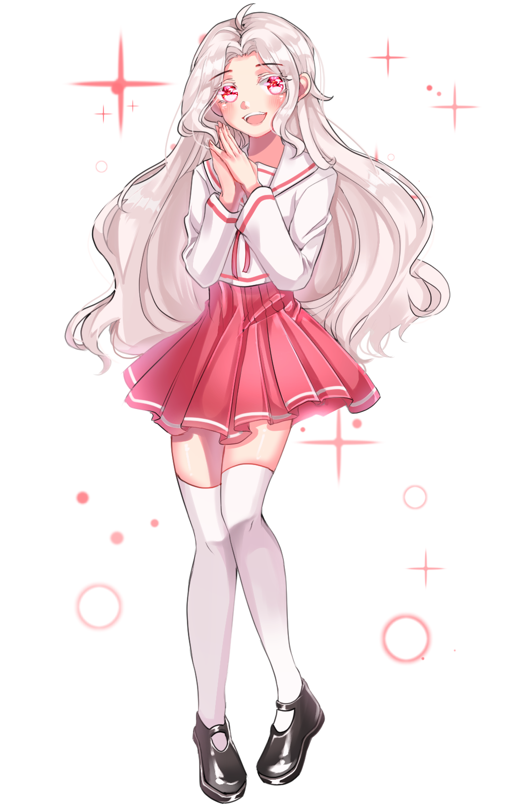 1girl, :d, ahoge, black_footwear, commission, full_body, hands_together, hands_up