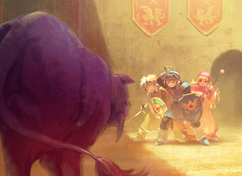 1girl, 2boys, blonde_hair, breasts, cape, commentary_request, dragon_quest, dragon_quest_ii