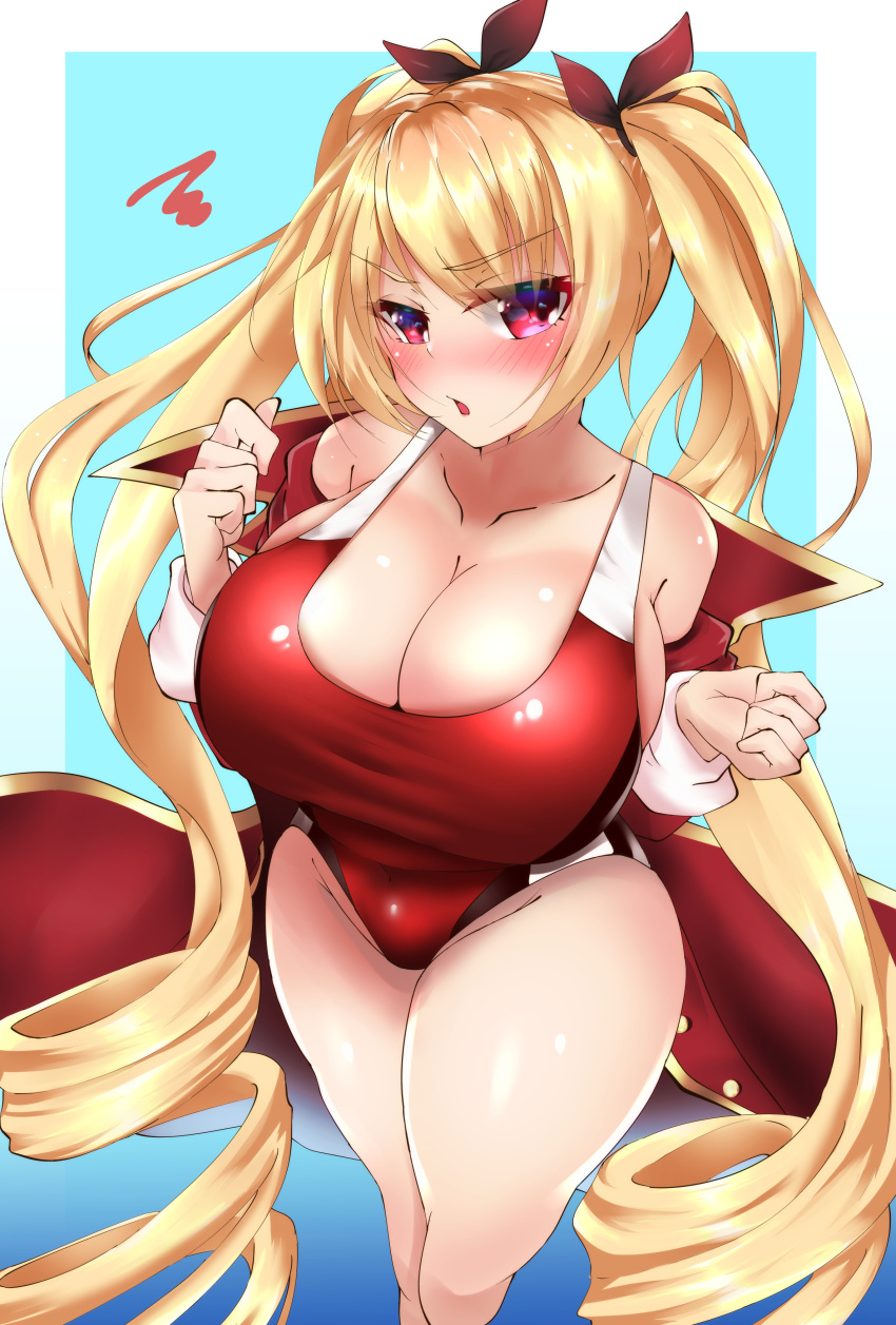 1girl, absurdres, azur_lane, balut-man, black_ribbon, blonde_hair, blue_background, blush, breasts, cleavage, collarbone, competition_swimsuit, eyebrows_visible_through_hair, from_above, hair_between_eyes, hair_ribbon, highres, huge_breasts, jacket, large_breasts, lips, long_hair, long_sleeves, looking_at_viewer, looking_up, nelson_(azur_lane), one-piece_swimsuit, open_mouth, red_eyes, red_jacket, red_swimsuit, ribbon, swimsuit, swimsuit_under_clothes, twintails, very_long_hair