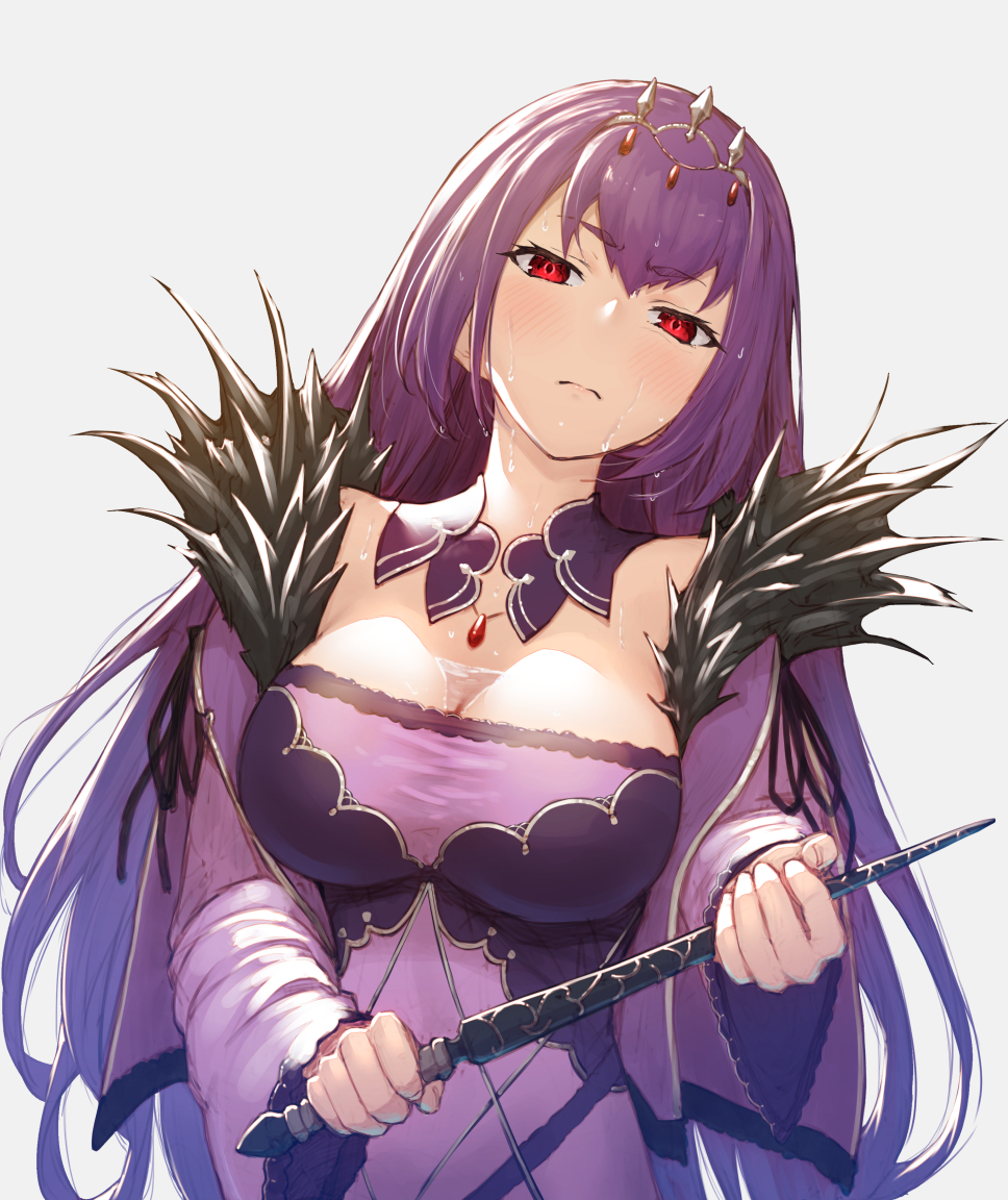 1girl, bangs, bare_shoulders, breasts, cleavage, closed_mouth, commentary_request, detached_collar