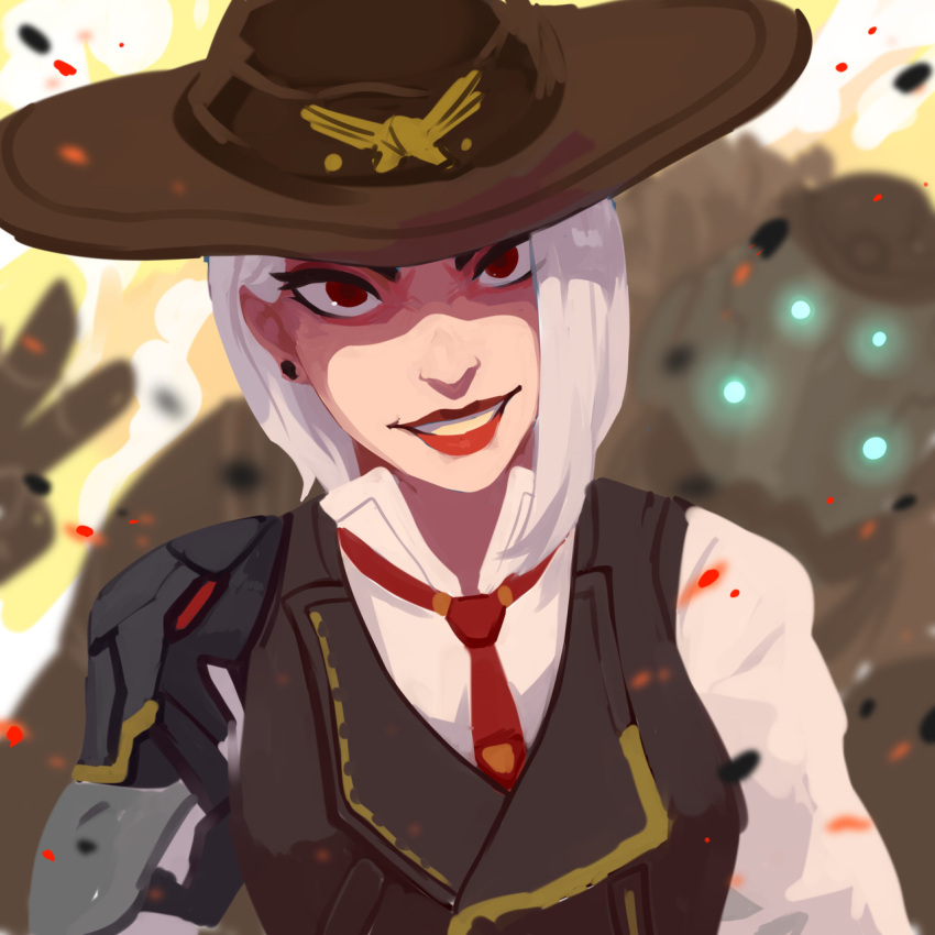 1girl, albino, ashe_(overwatch), cowboy_hat, eshi_(corzhkryakrya), hat, highres, lipstick, makeup, overwatch, red_eyes, shirt, single_pauldron, solo, vest, white_hair