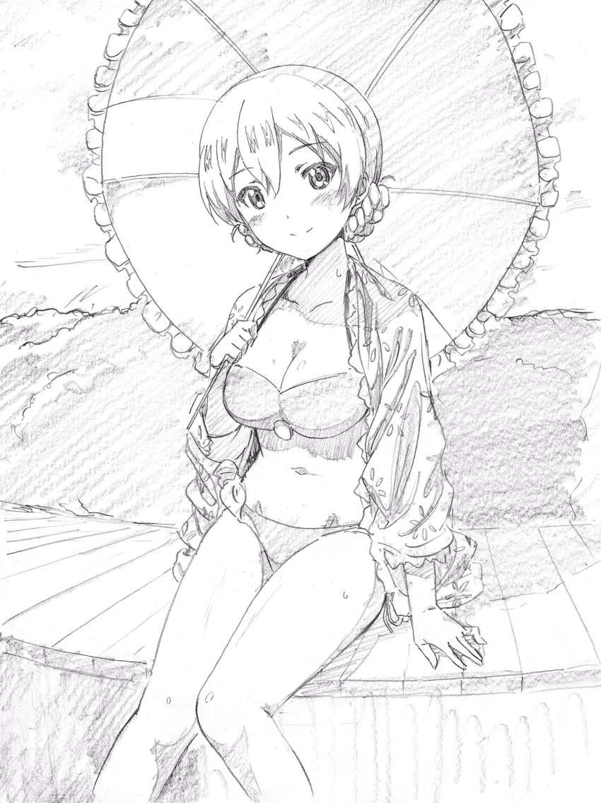 1girl, arm_support, bangs, bikini, braid, breasts, cat_ear_bikini, cleavage