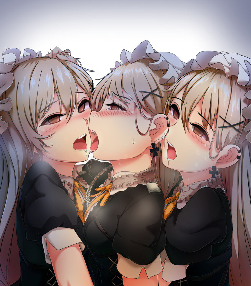 3girls, absurdres, blonde_hair, blush, breasts, brown_eyes, cross, cross_earrings