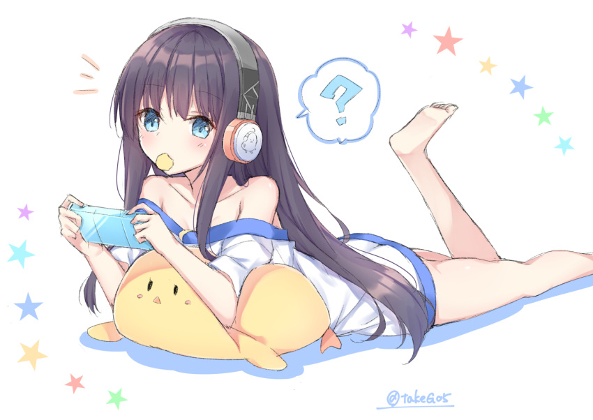 1girl, ?, azur_lane, bangs, bare_legs, barefoot, blue_eyes, blush