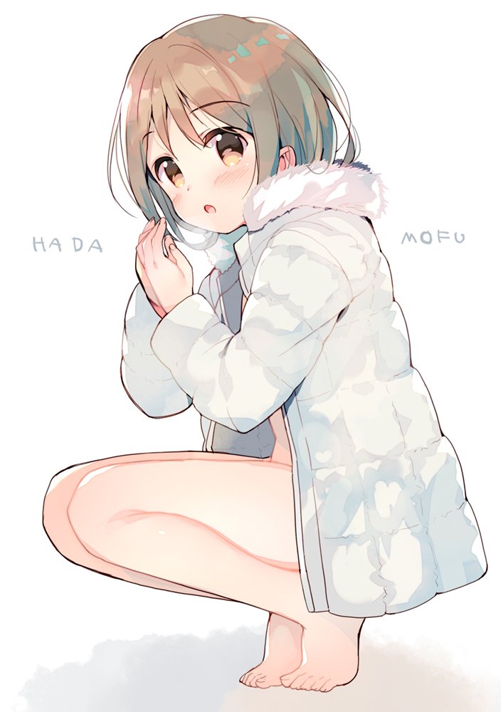 1girl, :o, bangs, bare_legs, barefoot, blush, breath, breathing_on_hands, brown_eyes, brown_hair, commentary_request, copyright_request, eyebrows_visible_through_hair, fingernails, full_body, fur-trimmed_jacket, fur_trim, hair_between_eyes, hands_up, jacket, long_sleeves, looking_at_viewer, meito_(maze), naked_coat, open_clothes, open_jacket, parted_lips, solo, squatting, tiptoes, toenails, translated, white_background, white_jacket
