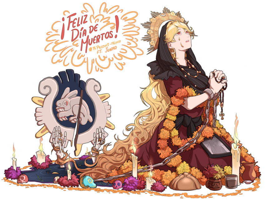 1girl, alternate_costume, bread, calavera, candle, chains, commentary_request, crack