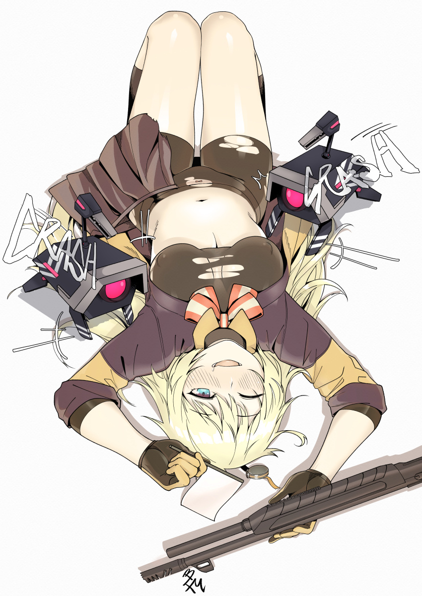 1girl, absurdres, bigforkman, bike_shorts, blonde_hair, blue_eyes, blush, bow, bow_panties, breasts, cleavage, erect_nipples, flag, girls_frontline, gloves, gun, hair_between_eyes, highres, kneehighs, long_hair, lying, navel, on_back, open_clothes, open_skirt, panties, purple_skirt, s.a.t.8_(girls_frontline), shotgun, skirt, solo, thighs, torn_bike_shorts, torn_clothes, underwear, very_long_hair, weapon, white_background, white_flag