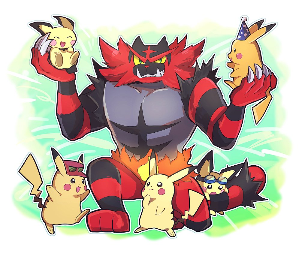 :3, black_eyes, chiimako, claws, closed_eyes, commentary_request, creatures_(company), eyewear_on_headwear, game_freak, gen_1_pokemon, gen_2_pokemon, gen_7_pokemon, goggles, goggles_on_head, green_eyes, grin, hat, incineroar, nintendo, no_humans, open_mouth, pichu, pikachu, pokemon, pokemon_(anime), pokemon_(creature), pokemon_(game), red_hat, sharp_teeth, sitting, smile, star, sunglasses, super_smash_bros., super_smash_bros._ultimate, tail, teeth, yellow_sclera