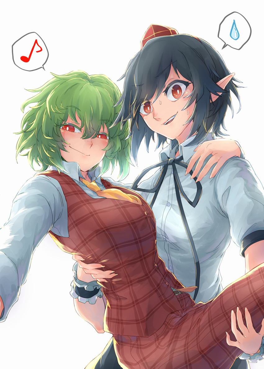 2girls, arm_around_back, ascot, bangs, belt, between_breasts, black_hair, black_neckwear