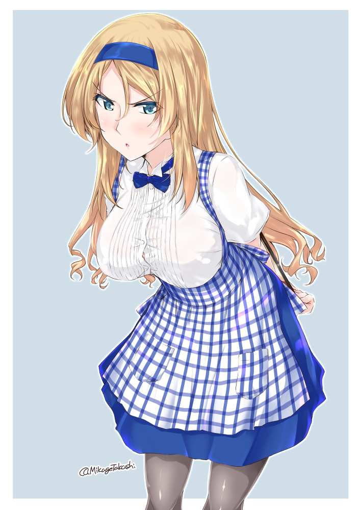 1girl, apron, arms_behind_back, black_legwear, blonde_hair, blue_eyes, blue_neckwear, blush