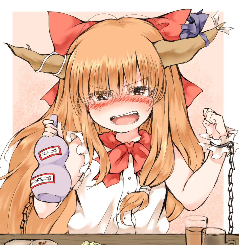 >:d, 1girl, blush, bow, chains, dress_shirt, drunk, glass