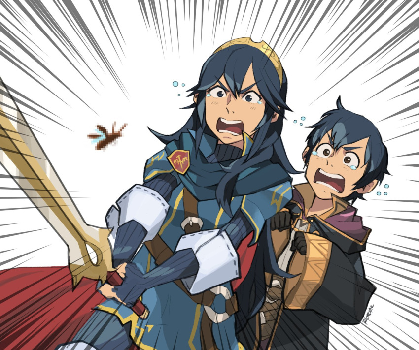 1boy, 1girl, ahoge, artist_request, black_hair, blue_hair, blush, falchion_(fire_emblem), fire_emblem, fire_emblem:_kakusei, gloves, highres, hood, jacket, long_hair, lucina, mark_(fire_emblem), mark_(male)_(fire_emblem), nintendo, open_mouth, short_hair, simple_background