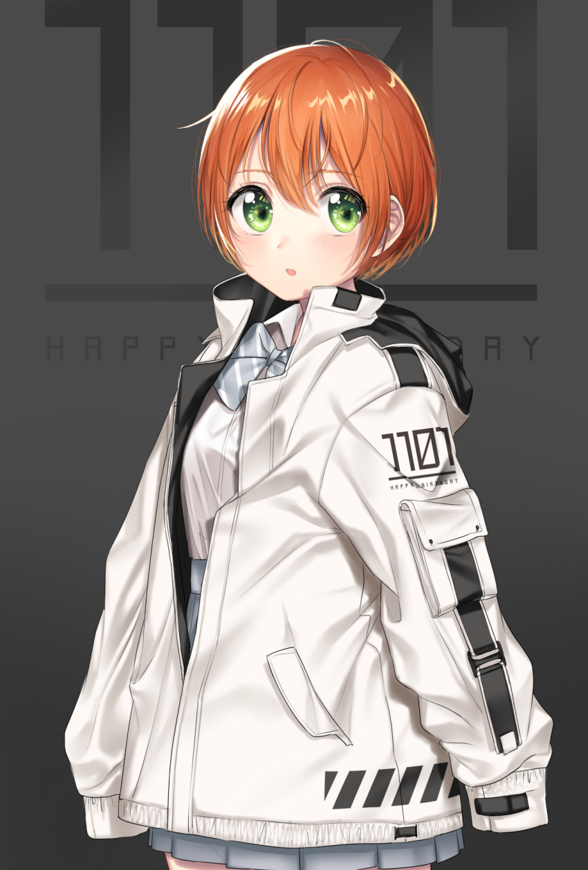 1girl, bangs, bow, breasts, brown_hair, commentary_request, diagonal_stripes, eyebrows_visible_through_hair