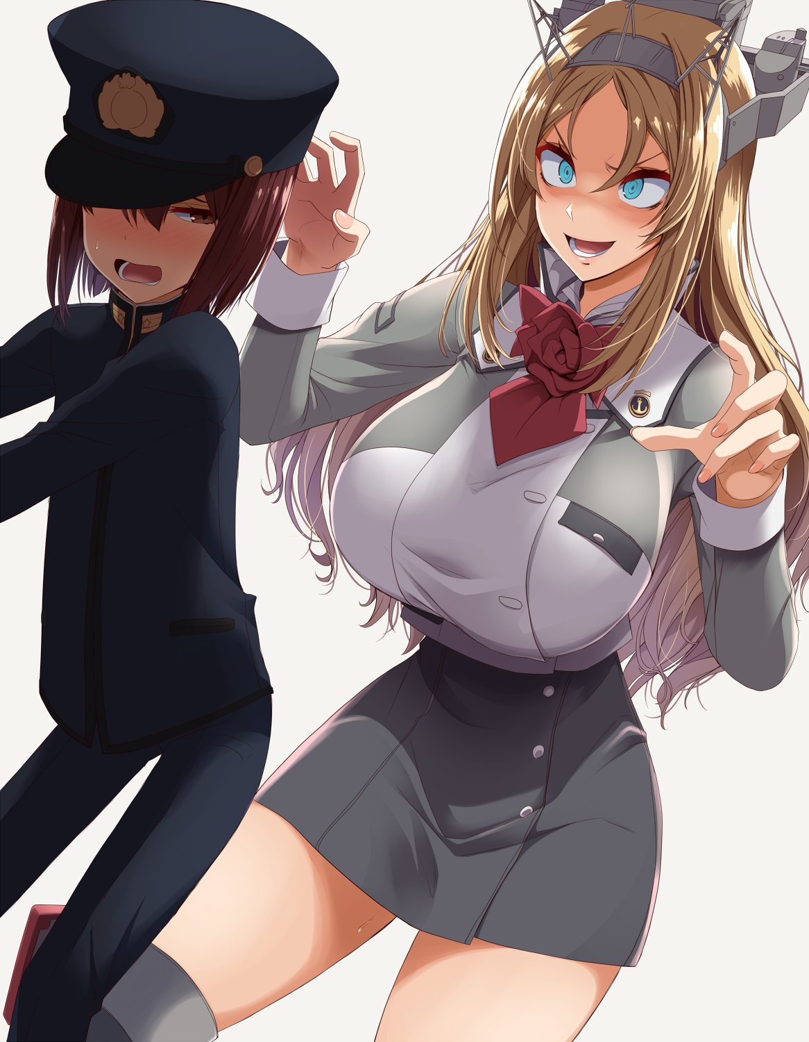 1boy, 1girl, blonde_hair, blue_eyes, breasts, brown_eyes, hat, highres