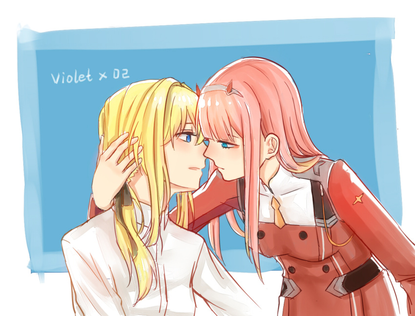 2girls, belt, blonde_hair, blue_eyes, buttons, character_name, closed_mouth, crossover, darling_in_the_franxx, hair_intakes, hair_ornament, hairband, hand_behind_head, horns, imminent_kiss, leaning_forward, long_hair, looking_at_another, military, military_uniform, multiple_girls, necktie, orange_neckwear, parted_lips, pink_hair, red_horns, red_shirt, season_connection, shirt, sidelocks, slms, uniform, violet_evergarden, violet_evergarden_(character), white_shirt, yuri, zero_two_(darling_in_the_franxx)