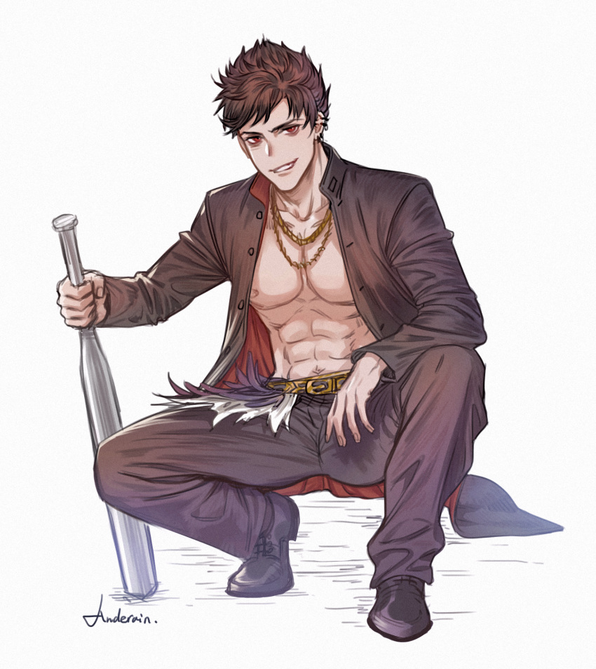 1boy, abs, artist_name, bare_chest, baseball_bat, belial_(granblue_fantasy), belt, black_footwear, black_hair, black_jacket, black_pants, cang_fade, collarbone, granblue_fantasy, highres, jacket, jewelry, male_focus, muscle, navel, necklace, pants, red_eyes, simple_background, squatting, white_background