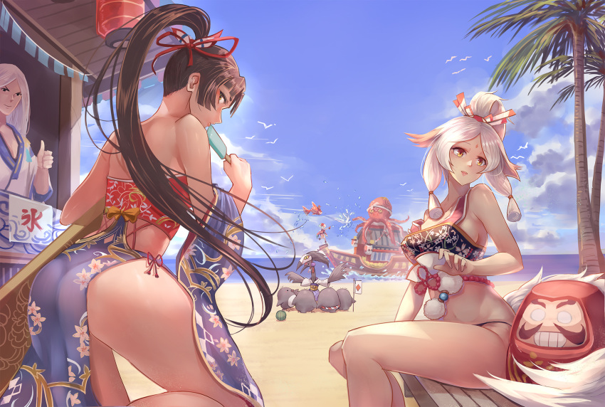 1boy, 4girls, abe_no_seimei_(onmyoji), bai_lang, beach, bird, bird_mask, black_hair, bow, breasts, day, dharma_egg, eyebrows_visible_through_hair, flag, food, fox_tail, fruit, hair_ornament, high_ponytail, highres, ice_cream, japanese_clothes, kagura_(onmyoji), kraken_(onmyoji), large_breasts, long_hair, looking_at_another, looking_at_viewer, looking_back, mask, mask_on_head, monster_girl, multiple_girls, ocean, octopus, onmyoji, onmyouji, outdoors, parted_lips, penguin, ponytail, ship, silver_hair, sitting, sitting_on_object, smile, standing, standing_on_one_leg, swimsuit, tagme, tail, tankini, thumbs_up, ubume_(onmyoji), very_long_hair, water, watercraft, watermelon, white_hair, yellow_eyes, yougen_kitsune, youtouhime