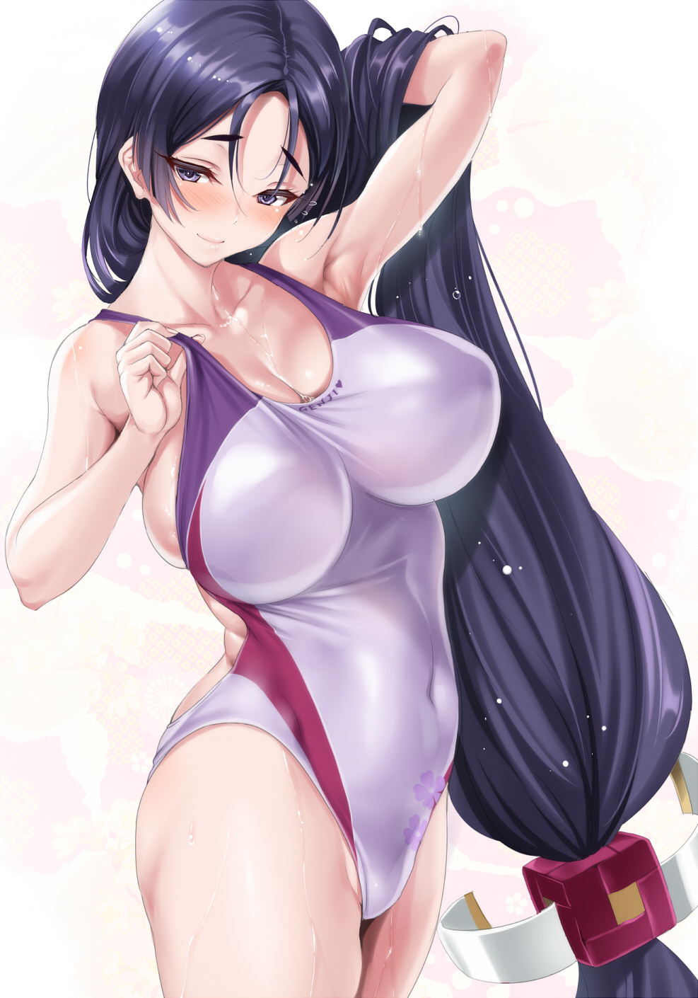1girl, adjusting_clothes, adjusting_swimsuit, arm_behind_head, arm_up, armpits, bangs, bare_shoulders