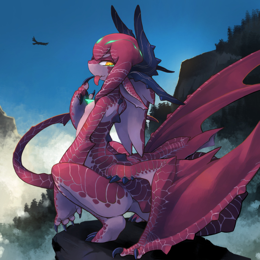 1girl, bird, claws, dragon_girl, fog, glowing, highres, horns, kamukamu6392, looking_back, monster_girl, mountain, nature, no_humans, original, outdoors, pointy_ears, sitting, sky, tagme, tail, tongue, tongue_out, winged_arms, yellow_eyes