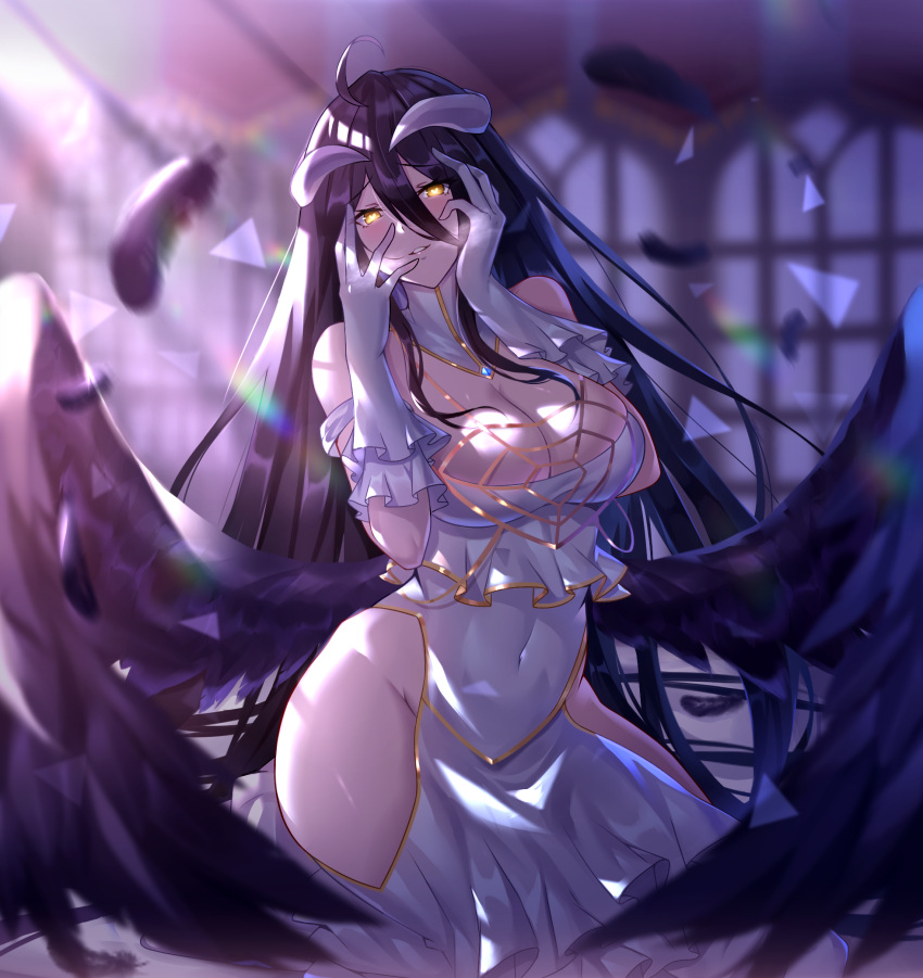 albedo, black_feathers, black_fire_(peter02713), black_wings, breasts, cleavage, covered_navel, demon_girl