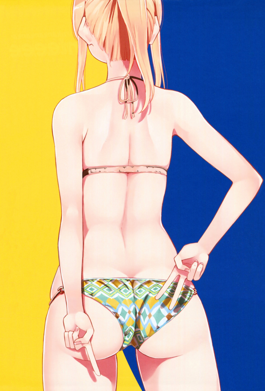 1girl, arms_behind_back, artist_request, ass, back, bare_shoulders, bikini, brown_hair