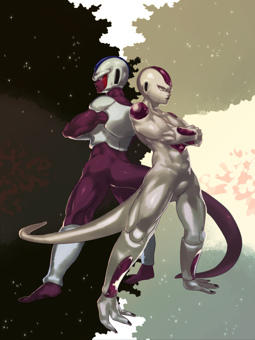 2boys, back-to-back, black_background, brothers, cooler_(dragon_ball), crossed_arms, dragon_ball, dragonball_z