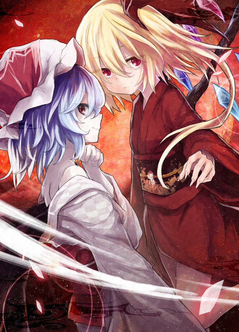 2girls, alternate_costume, bat_wings, black_wings, blonde_hair, checkered, checkered_kimono, closed_mouth